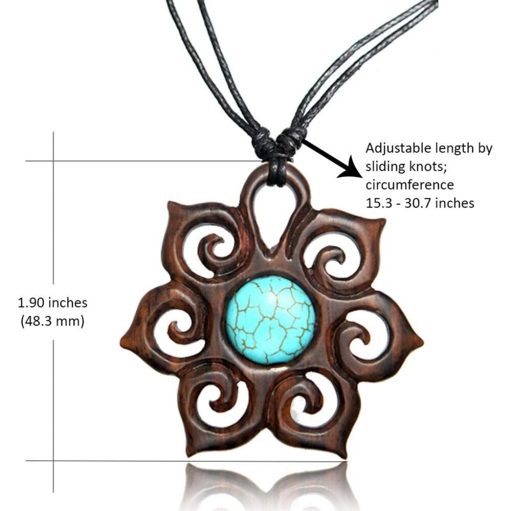 Adjustable Turquoise Necklace with Organic Wood - Mandala Flower of Life Turquoi - Picture 2 of 6